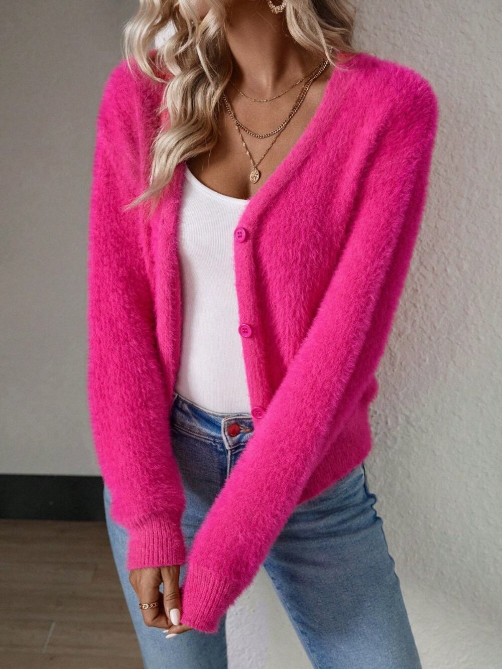 Hot Pink Casual Women's Drop Shoulder Button Front Fluffy Knit Cardigan - Picture 3 of 7